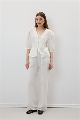 Beli Lastikli Müslin Pantolon EKRU