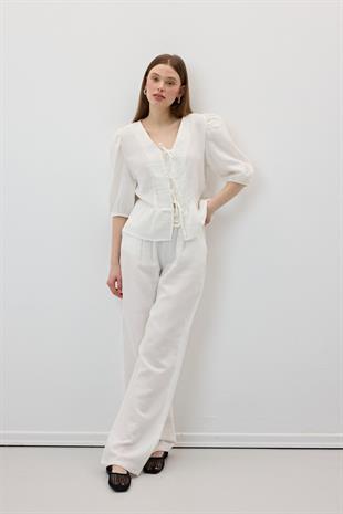 Beli Lastikli Müslin Pantolon EKRU