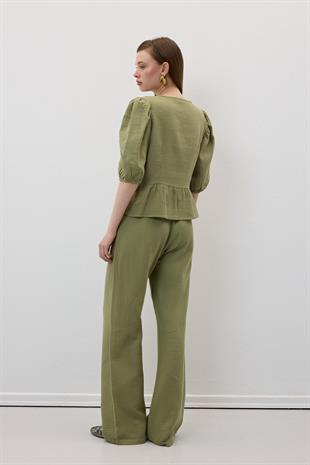 Beli Lastikli Müslin Pantolon HAKİ
