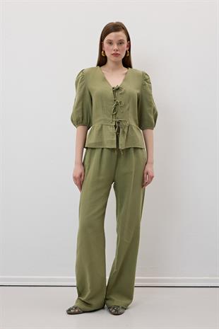 Beli Lastikli Müslin Pantolon HAKİ