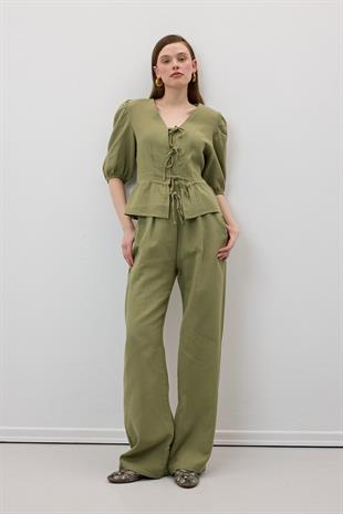 Beli Lastikli Müslin Pantolon HAKİ