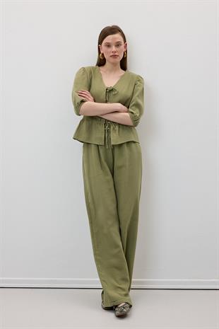 Beli Lastikli Müslin Pantolon HAKİ