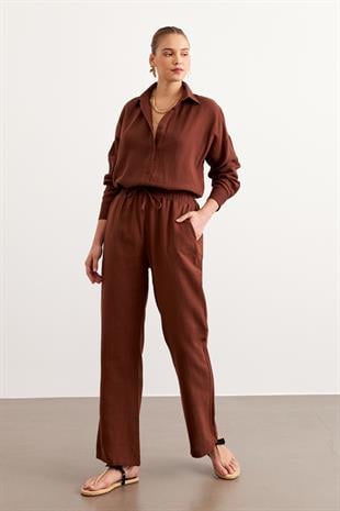 Beli Lastikli Müslin Pantolon KAHVE
