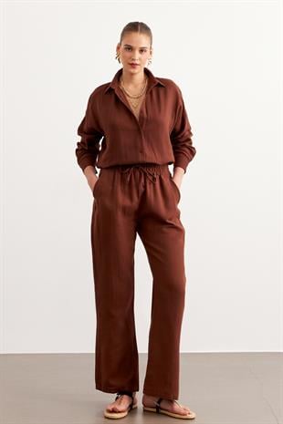 Beli Lastikli Müslin Pantolon KAHVE