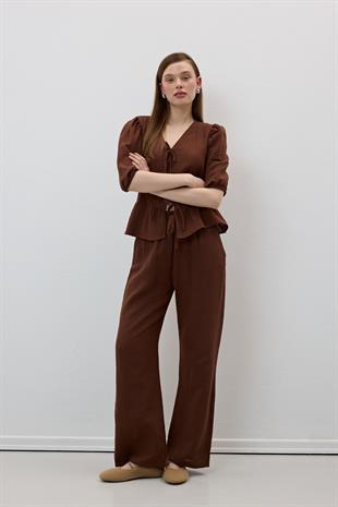 Beli Lastikli Müslin Pantolon KAHVE