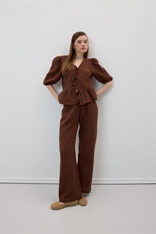 Beli Lastikli Müslin Pantolon KAHVE