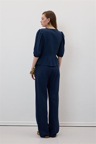 Beli Lastikli Müslin Pantolon LACİVERT