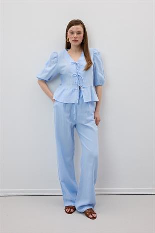 Beli Lastikli Müslin Pantolon MAVİ