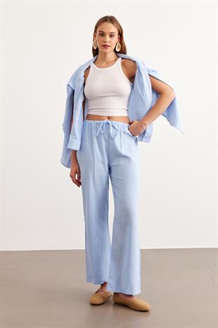 Beli Lastikli Müslin Pantolon MAVİ