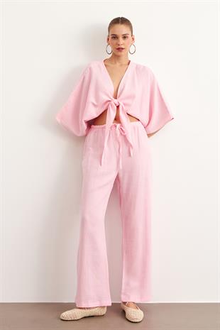 Beli Lastikli Müslin Pantolon PEMBE