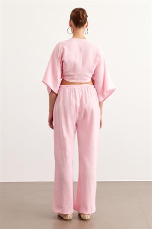 Beli Lastikli Müslin Pantolon PEMBE