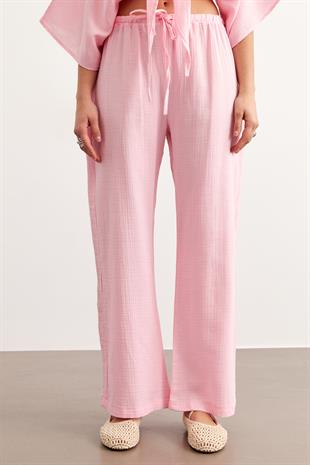 Beli Lastikli Müslin Pantolon PEMBE