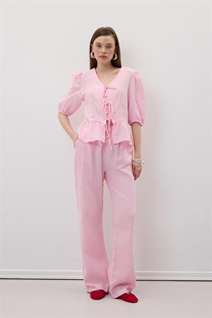 Beli Lastikli Müslin Pantolon PEMBE