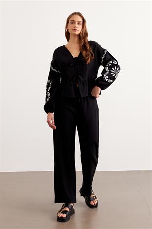 Beli Lastikli Müslin Pantolon SİYAH