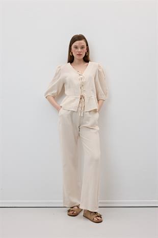 Beli Lastikli Müslin Pantolon TAŞ