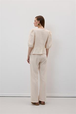 Beli Lastikli Müslin Pantolon TAŞ