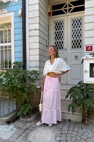 Beli Lastikli Ponpon Detaylı Etek PEMBE