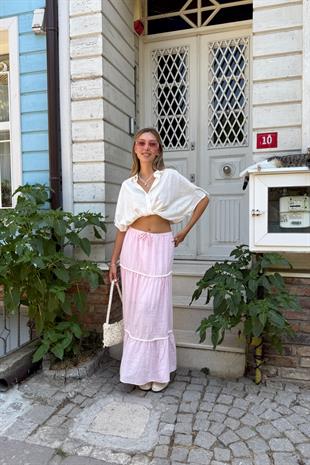 Beli Lastikli Ponpon Detaylı Etek PEMBE