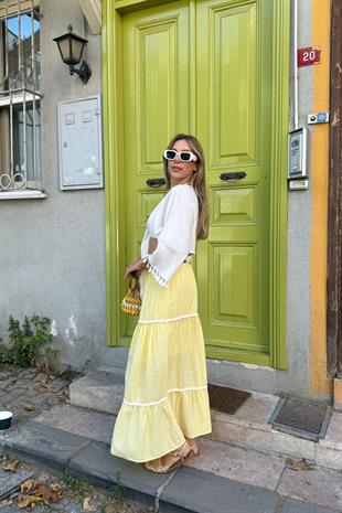 Beli Lastikli Ponpon Detaylı Etek SARI