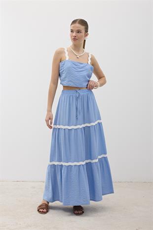 Beli Lastikli Su Taşı Desenli Uzun Etek MAVİ