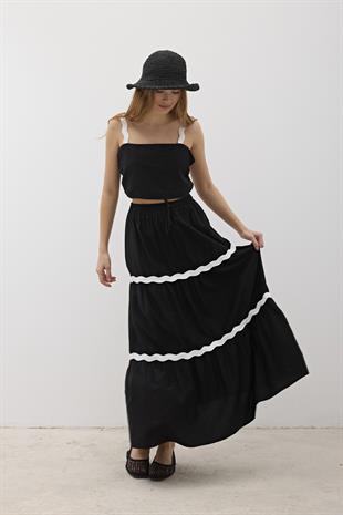 Beli Lastikli Su Taşı Desenli Uzun Etek SİYAH