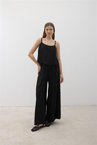 Beli Lastikli Su Taşı Detaylı Pantolon SİYAH