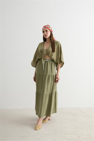 Beli Lastikli Ve Kordon Detaylı Uzun Etek HAKİ