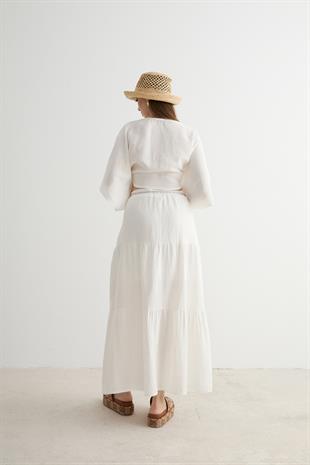 Beli Lastikli Ve Kordon Detaylı Uzun Etek EKRU