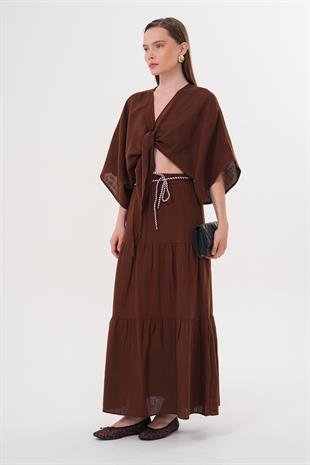 Beli Lastikli Ve Kordon Detaylı Uzun Etek KAHVE