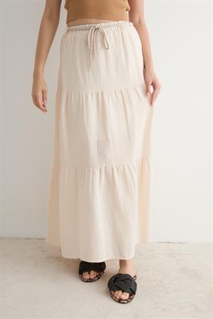 Beli Lastikli Ve Kordon Detaylı Uzun Etek TAŞ