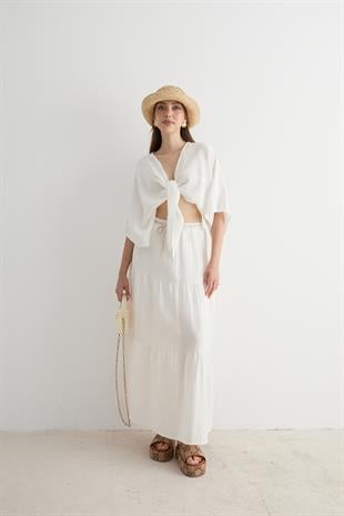 Beli Lastikli Ve Kordon Detaylı Uzun Etek EKRU