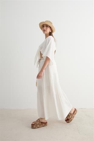 Beli Lastikli Ve Kordon Detaylı Uzun Etek EKRU