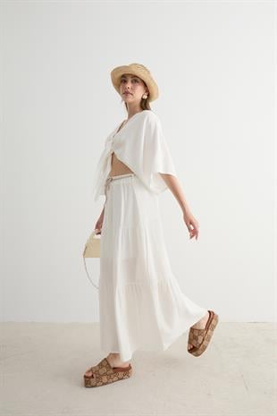 Beli Lastikli Ve Kordon Detaylı Uzun Etek EKRU