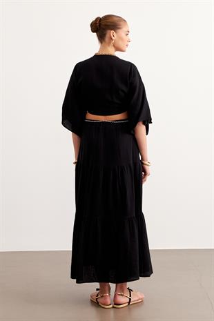 Beli Lastikli Ve Kordon Detaylı Uzun Etek SİYAH