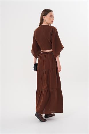 Beli Lastikli Ve Kordon Detaylı Uzun Etek KAHVE