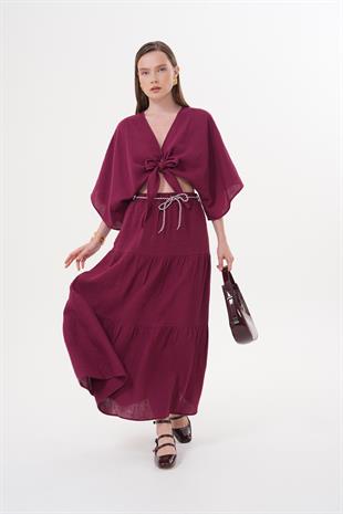 Beli Lastikli Ve Kordon Detaylı Uzun Etek BORDO