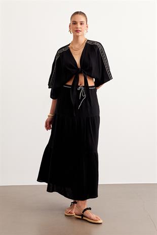 Beli Lastikli Ve Kordon Detaylı Uzun Etek SİYAH