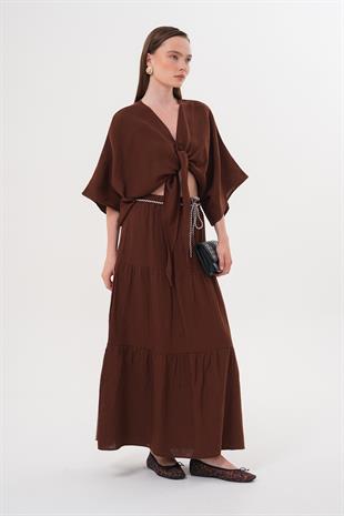 Beli Lastikli Ve Kordon Detaylı Uzun Etek KAHVE