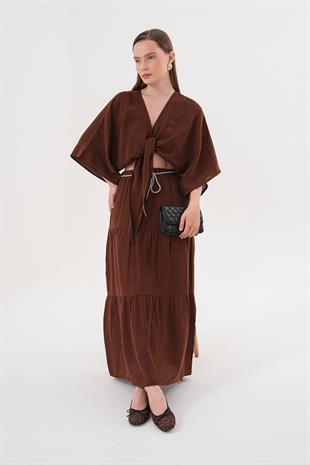 Beli Lastikli Ve Kordon Detaylı Uzun Etek KAHVE