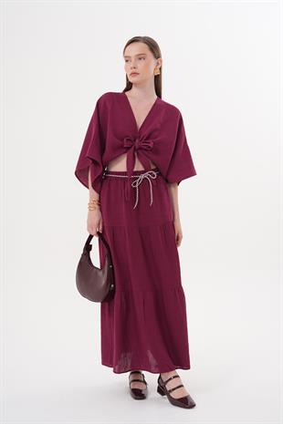 Beli Lastikli Ve Kordon Detaylı Uzun Etek BORDO