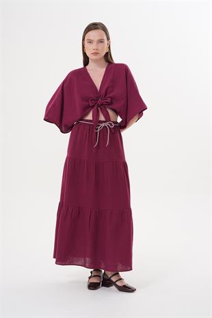 Beli Lastikli Ve Kordon Detaylı Uzun Etek BORDO