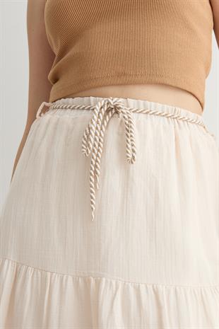 Beli Lastikli Ve Kordon Detaylı Uzun Etek TAŞ