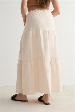 Beli Lastikli Ve Kordon Detaylı Uzun Etek TAŞ