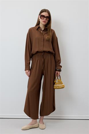 Beli Lastikli Yırtmaçlı Pantolon KAHVERENGİ
