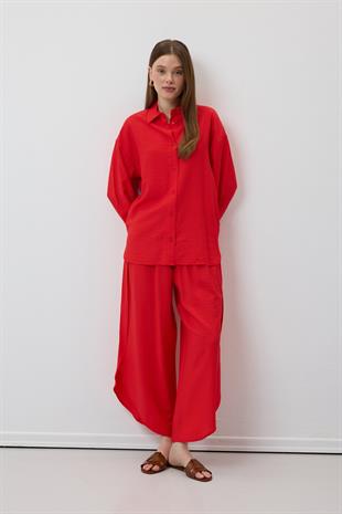Beli Lastikli Yırtmaçlı Pantolon KIRMIZI