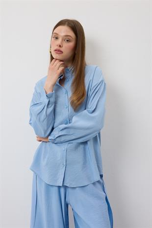 Beli Lastikli Yırtmaçlı Pantolon MAVİ