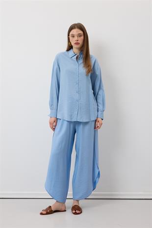 Beli Lastikli Yırtmaçlı Pantolon MAVİ