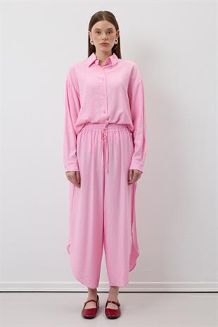 Beli Lastikli Yırtmaçlı Pantolon PEMBE