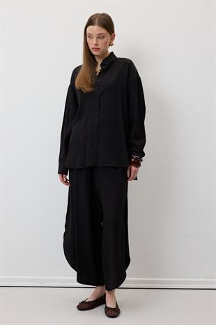 Beli Lastikli Yırtmaçlı Pantolon SİYAH