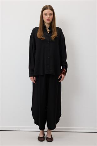 Beli Lastikli Yırtmaçlı Pantolon SİYAH